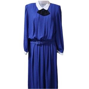 True Vintage 80s Liz Roberts Blue Striped Midi Dress – Size 14 – Made in Korea
